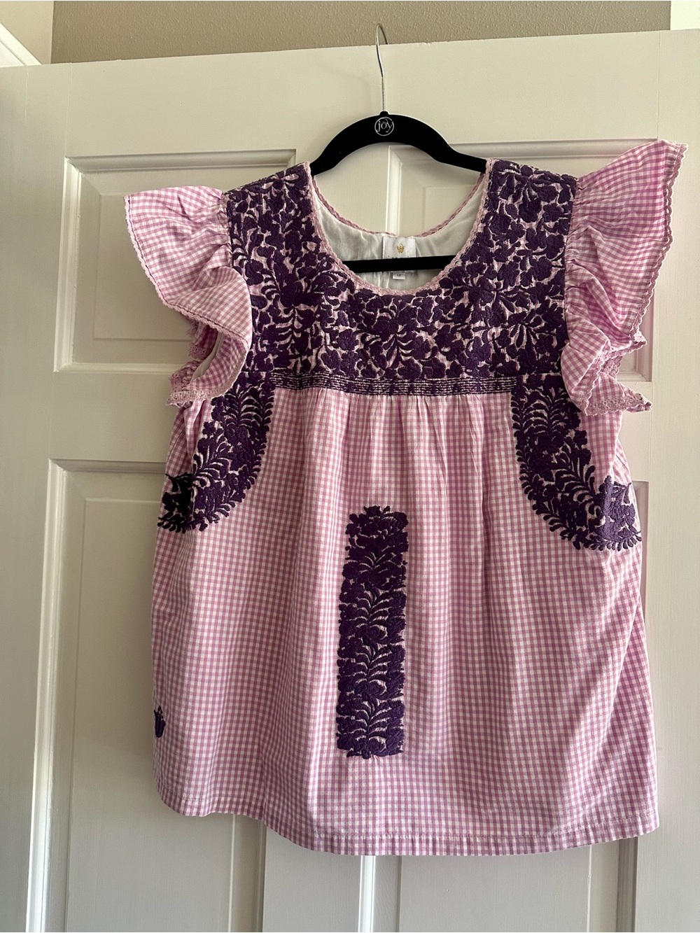 Women's J Marie Purple Gingham Top w/Embroidery and Flutter Sleeves Gameday
